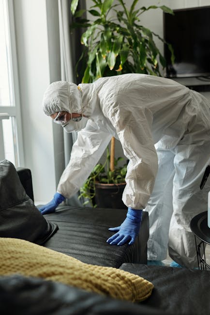 A person dressed in white protective cleaning gear, including a suit, gloves, a mask, and goggles, is performing surface cleaning or sanitisation on a black leather sofa next to a large window in a we